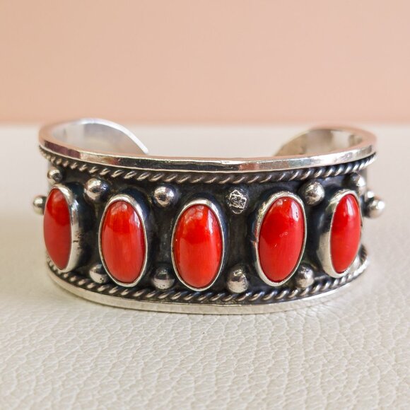 Navajo 900 Silver Cuff with Mediterranean Red Coral - Picture 8 of 8